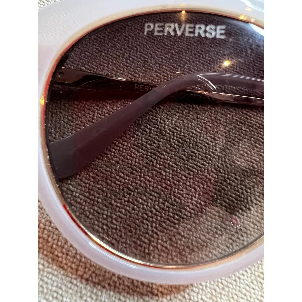 Perverse Sunglasses Lavender Lilac Oversized Round Gold Trim Dark Tint Lenses